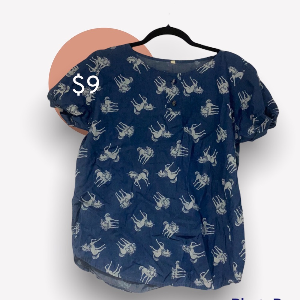 Size:Large Unicorn Blouse Blue and White